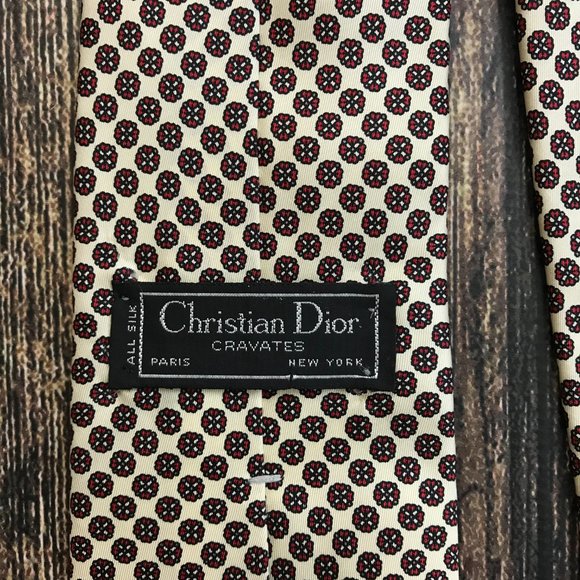 CHRISTIAN DIOR Floral Print Neck Tie Cravat 100% Silk Polka Dot Red Ivory $235 - Picture 4 of 6